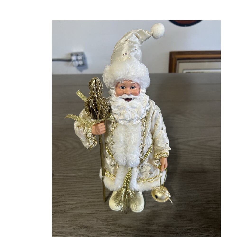 White & Gold Santa Christmas Figurine Vintage Decor